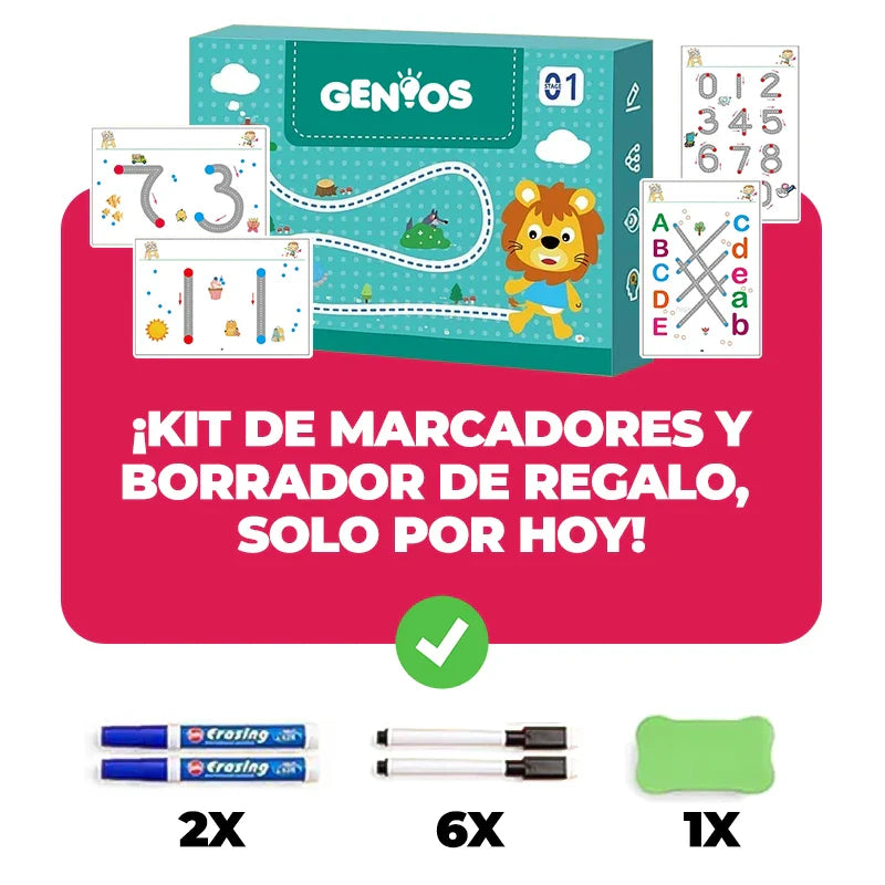 Libro de Actividades Reutilizable Genios® + Kit Marcadores y Borrador ¡de Regalo!